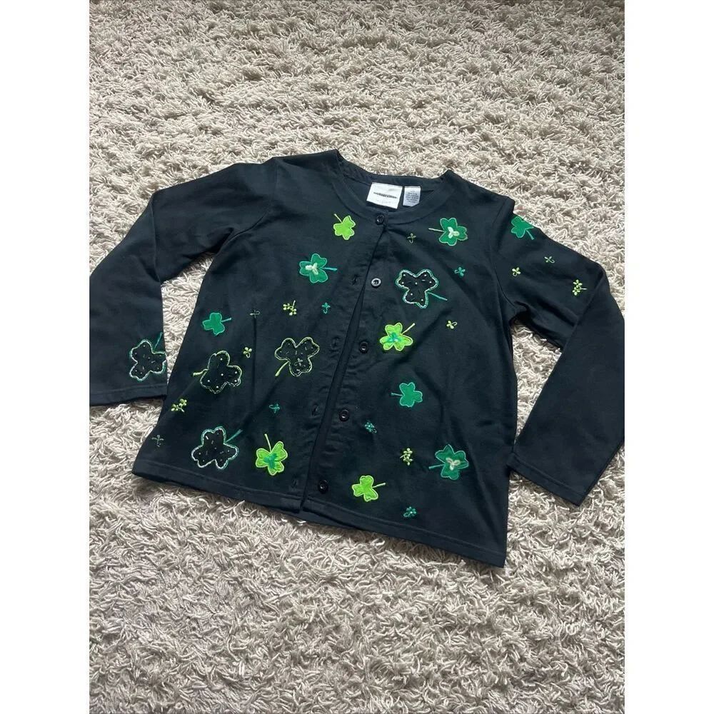 Michael Simon Sweater St Patrick’s Day Cardigan Sweater Small beaded Shamrocks L